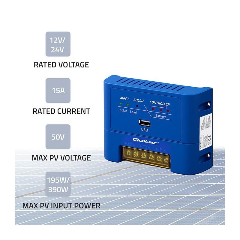 Regulator ładowania MPPT Qoltec solarny 15A do zasilania odb… | PartsPC.pl