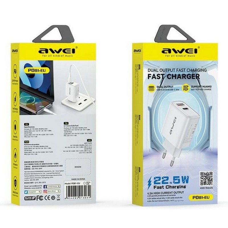 Ładowarka sieciowa Awei PD81 22,5W GaN 1xUSB+1xUSB-C /... | PartsPC.pl