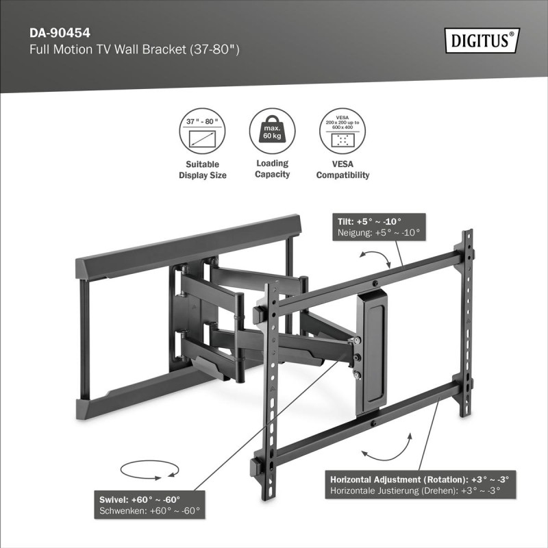Uchwyt ścienny DIGITUS do TV 37-80" 60kg max. VESA 600x400 z… | PartsPC.pl