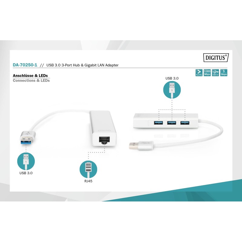 Hub/Koncentrator 3-portowy DIGITUS USB 3.0 SuperSpeed z Giga… | PartsPC.pl