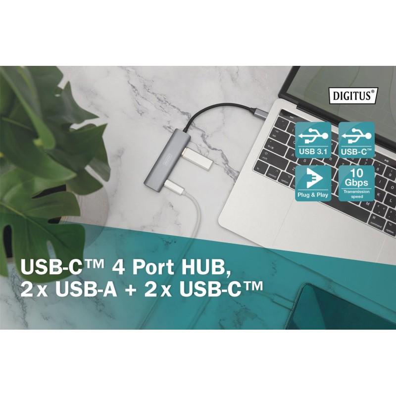 Hub USB Typ C DIGITUS 4-portowy 2x USB-A, 2x USB-C alu... | PartsPC.pl