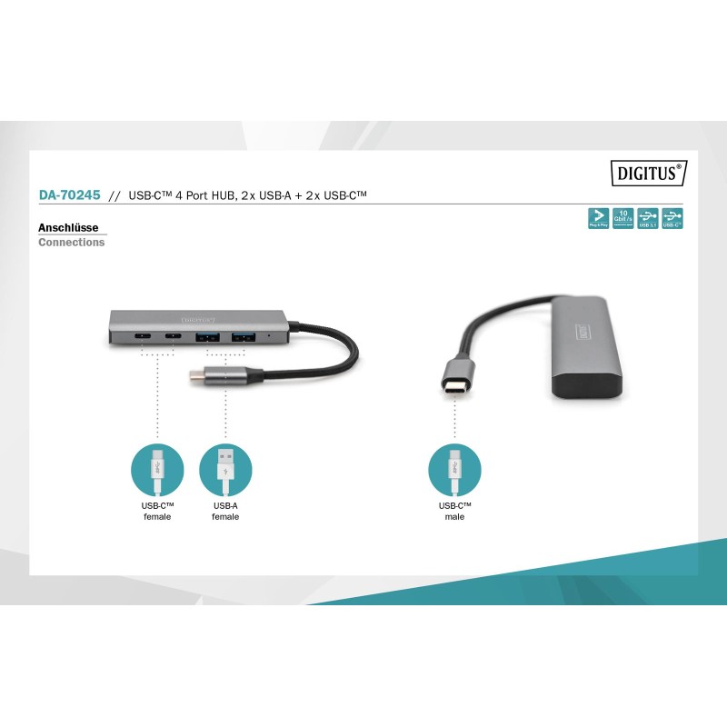 Hub USB Typ C DIGITUS 4-portowy 2x USB-A, 2x USB-C alu... | PartsPC.pl