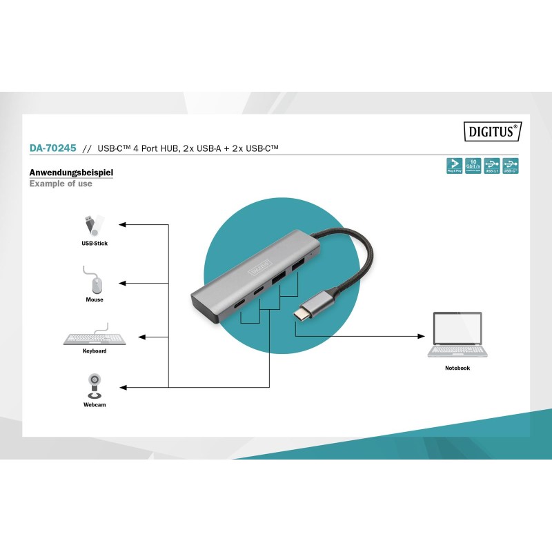 Hub USB Typ C DIGITUS 4-portowy 2x USB-A, 2x USB-C alu... | PartsPC.pl