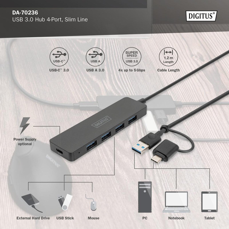 Hub USB 3.0/Koncentrator DIGITUS 4-portowy SlimLine US... | PartsPC.pl