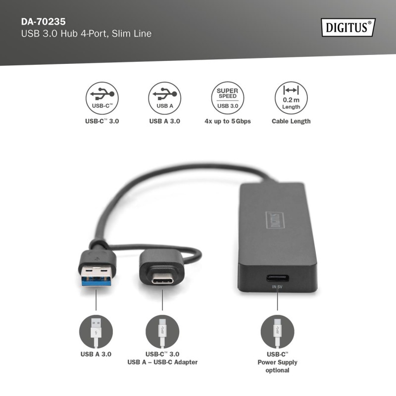 Hub USB 3.0/Koncentrator DIGITUS 4-portowy SlimLine USB A + … | PartsPC.pl