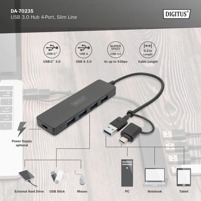 Hub USB 3.0/Koncentrator DIGITUS 4-portowy SlimLine USB A + … | PartsPC.pl