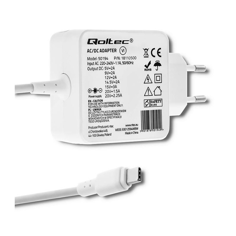 Zasilacz sieciowy 45W 20V 2.25A USB-C Biały | PartsPC.pl
