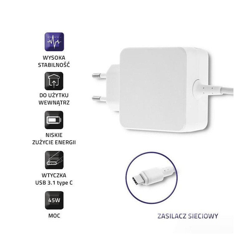 Zasilacz sieciowy 45W 20V 2.25A USB-C Biały | PartsPC.pl
