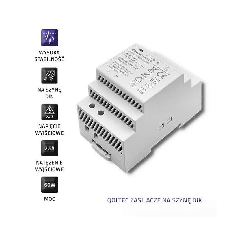 Zasilacz na szynę DIN 60W | 24V | 2.5A | Szary | PartsPC.pl
