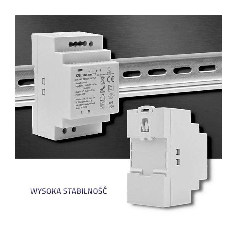 Zasilacz na szynę DIN 60W | 24V | 2.5A | Szary | PartsPC.pl