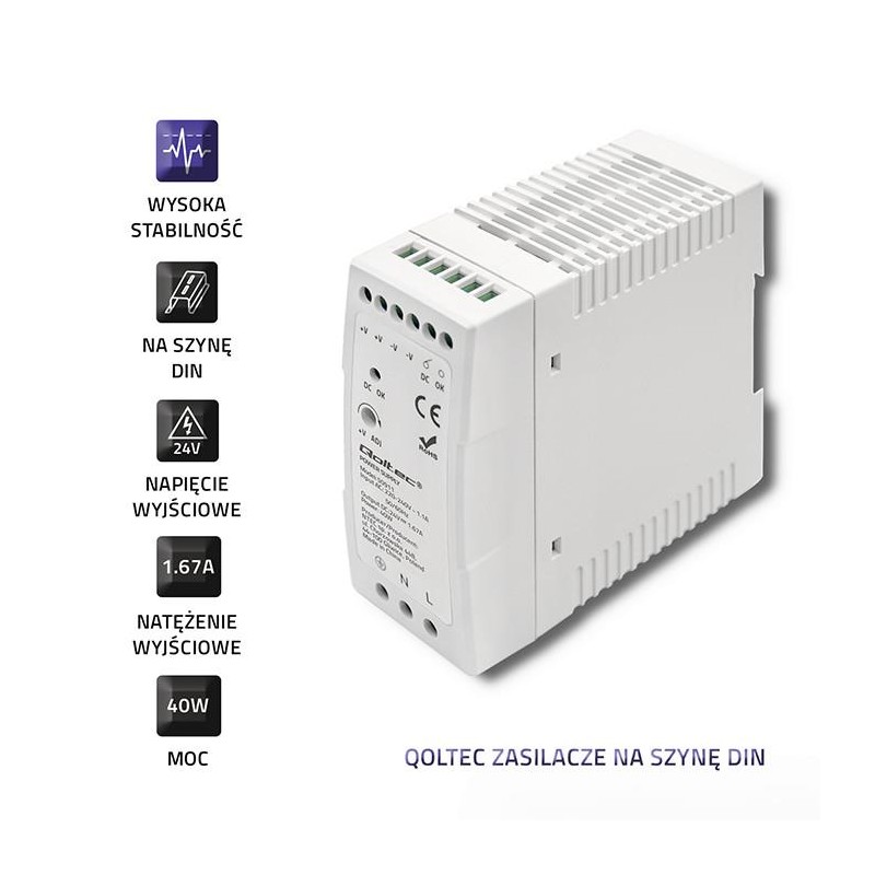 Zasilacz na szynę DIN | 40W | 24V | 1.67A | Biały | Slim | PartsPC.pl