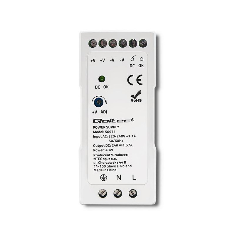 Zasilacz na szynę DIN | 40W | 24V | 1.67A | Biały | Slim | PartsPC.pl