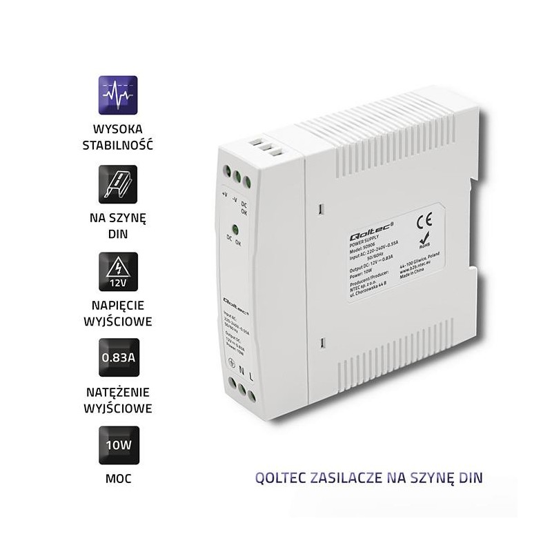 Zasilacz na szynę DIN | 10W | 12V | 0.83A | Biały | Slim | PartsPC.pl