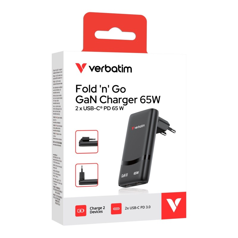 Ładowarka sieciowa Verbatim GaN Fold 'n' Go 65W 2xUSB-C PD 3… | PartsPC.pl