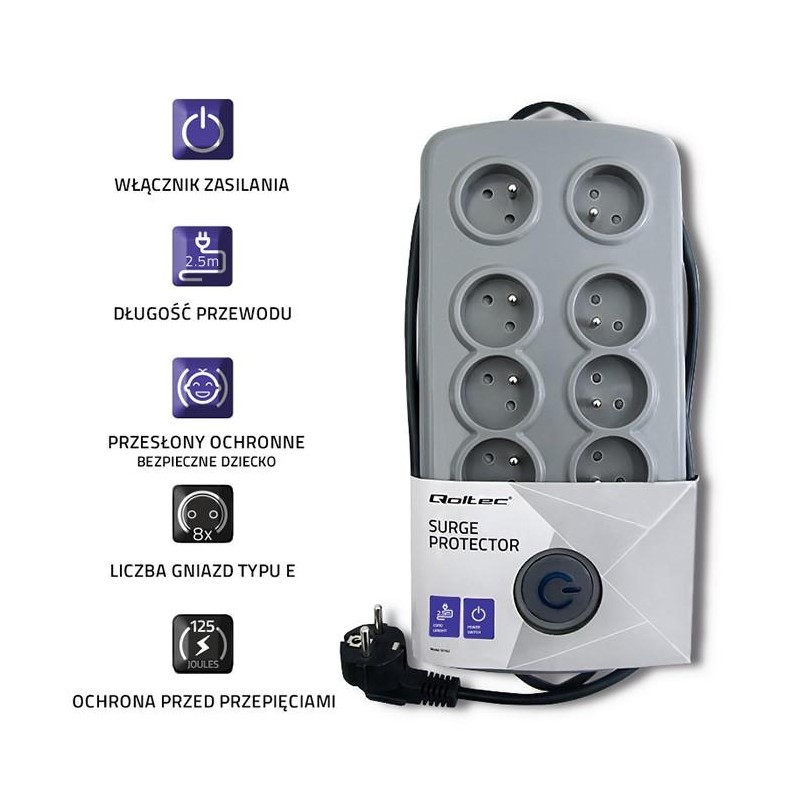 Listwa antyprzepięciowa Quick Switch, 8 gniazd, 2,5m, szara | PartsPC.pl