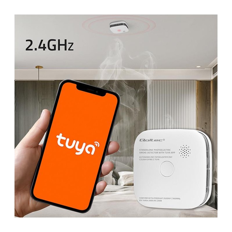 Czujnik dymu Qoltec z baterią | Tuya | Wi-Fi | alarm 85dB | LED