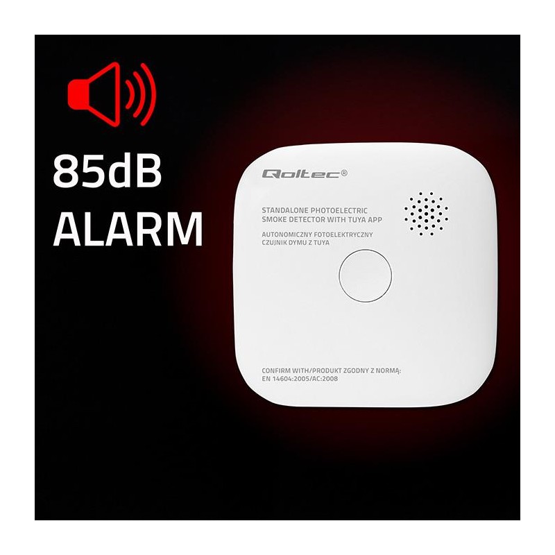 Czujnik dymu Qoltec z baterią | Tuya | Wi-Fi | alarm 85dB | LED