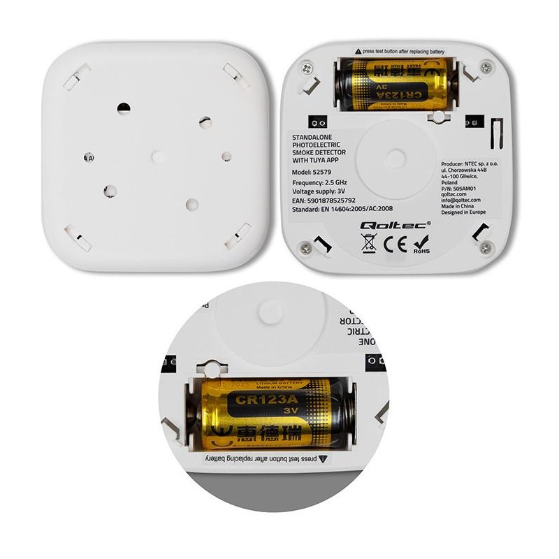 Czujnik dymu Qoltec z baterią | Tuya | Wi-Fi | alarm 85dB | LED