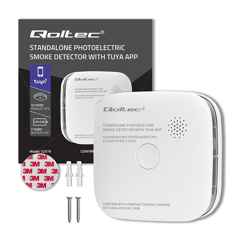 Czujnik dymu Qoltec z baterią | Tuya | Wi-Fi | alarm 85dB | LED
