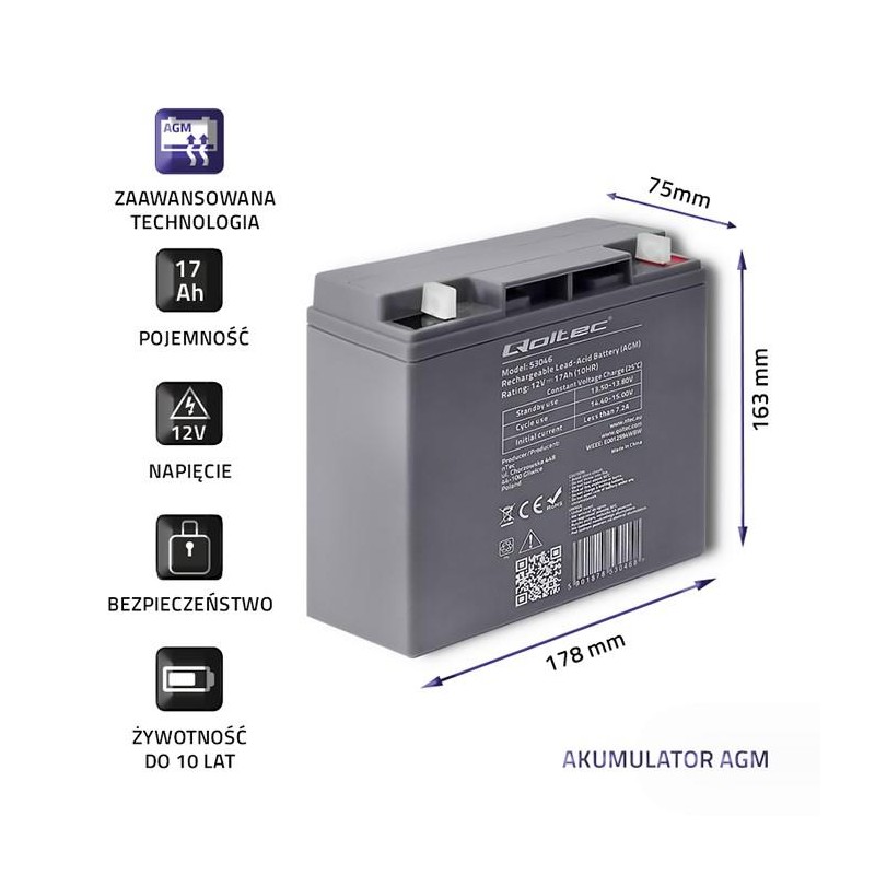 Akumulator AGM 12V | 17Ah | max. 255A | PartsPC.pl