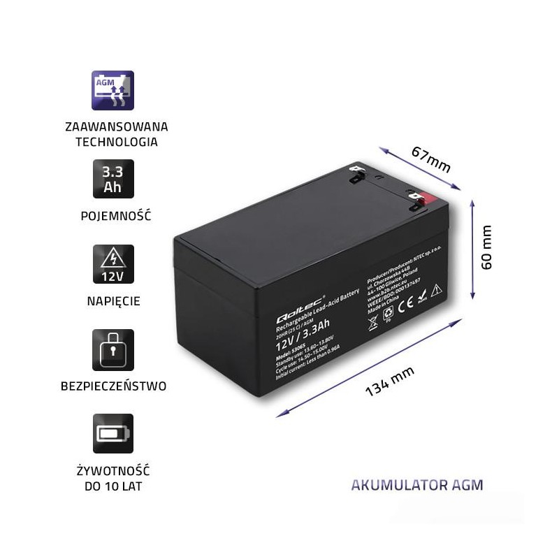 Akumulator AGM | 12V | 3.3Ah | max. 49.5A | PartsPC.pl