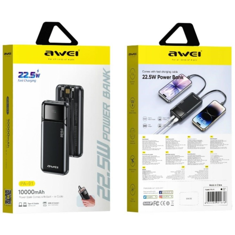 Powerbank PA-91 22,5W PD 10000mAh kable wbudowane | PartsPC.pl