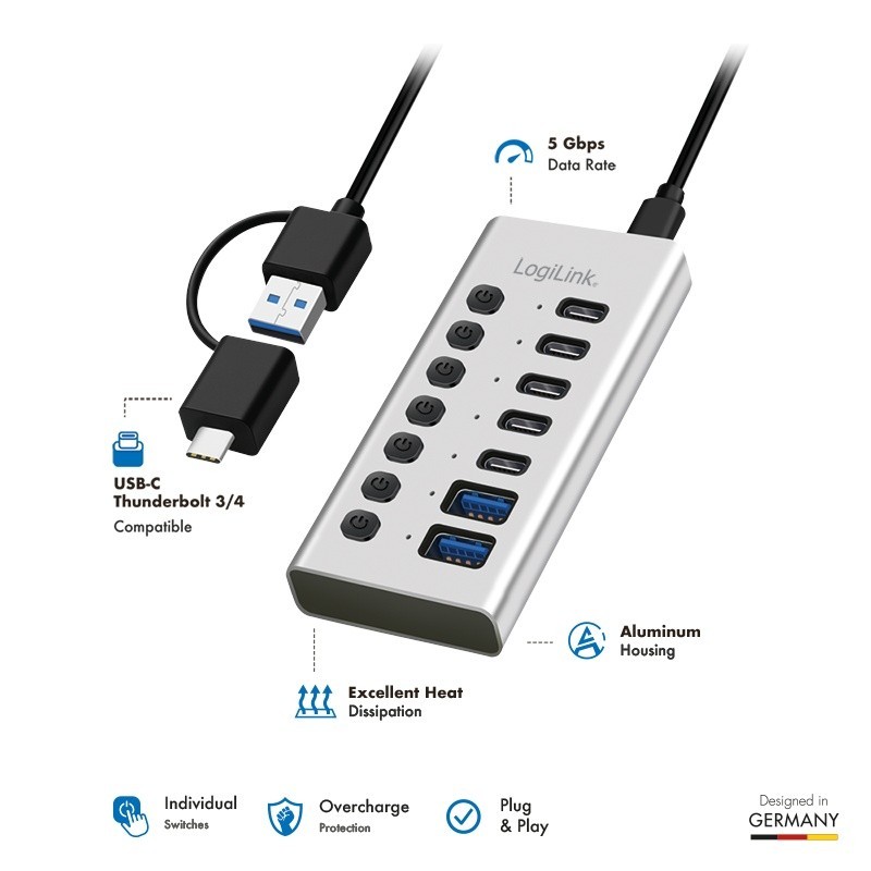 Hub 7xUSB-A/C z przełącznikiem on/off | PartsPC.pl