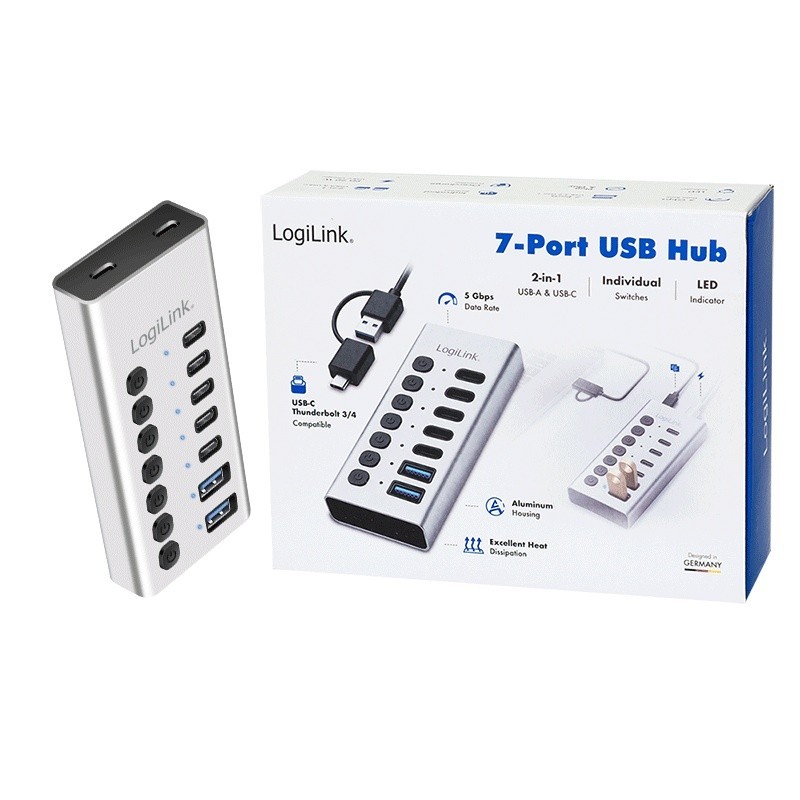 Hub 7xUSB-A/C z przełącznikiem on/off | PartsPC.pl