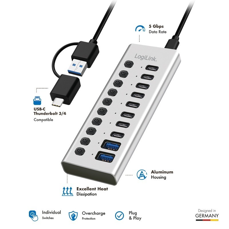 Hub USB3.2 10-portow USB-A/C, funkcja on/off | PartsPC.pl