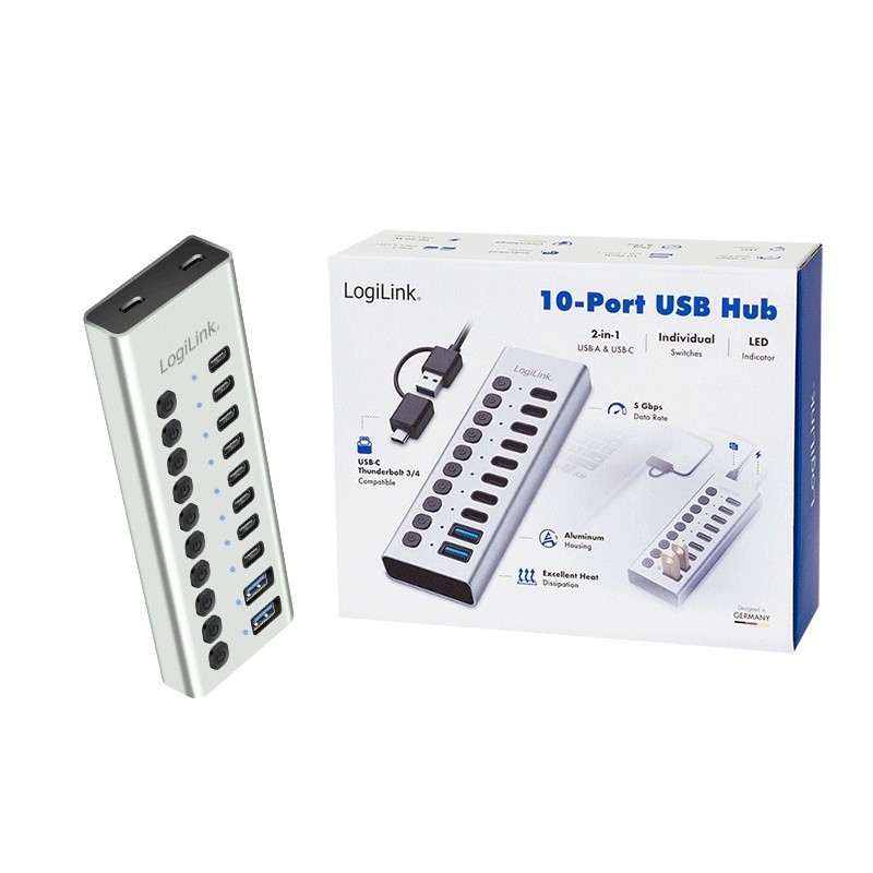 Hub USB3.2 10-portow USB-A/C, funkcja on/off | PartsPC.pl