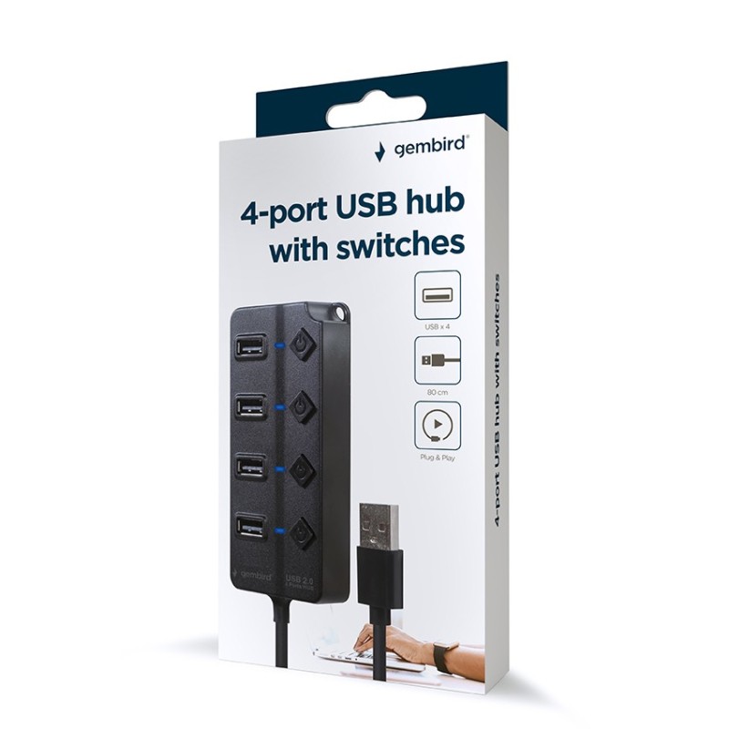 HUB 4-portowy USB 2.0 z przełącznikami, czarny | PartsPC.pl