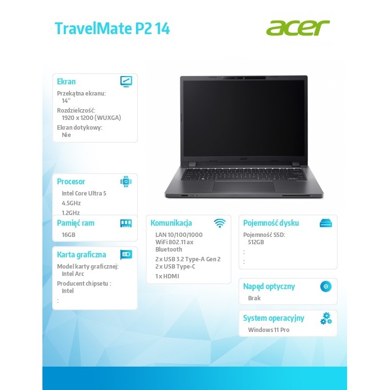 Notebook TravelMate P2 14 TMP214-75-G3-TCO Ulta5 125H 16GB/5… | PartsPC.pl