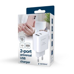Ładowarka uniwersalna USB 2-portowa (A+C), 2.4 A, biała | PartsPC.pl