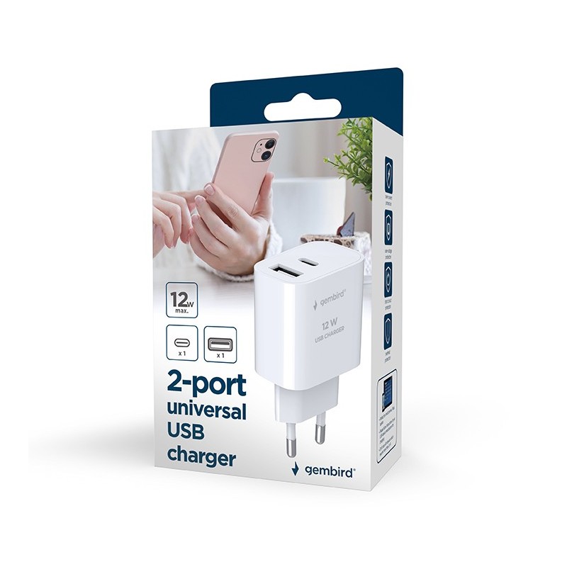 Ładowarka uniwersalna USB 2-portowa (A+C), 2.4 A, biała | PartsPC.pl