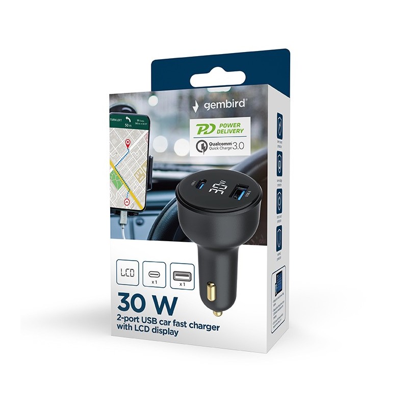 Szybka ładowarka samochodowa 2xUSB-A+C, Type-C (PD), LCD, 30… | PartsPC.pl
