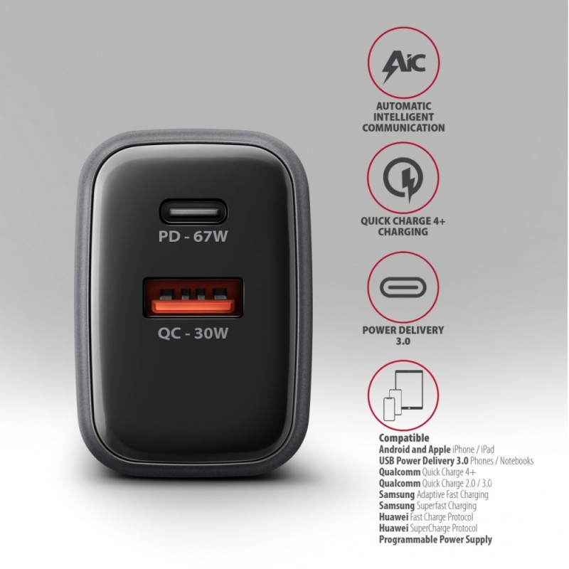ACU-PQ67 Ładowarka sieciowa PD&QC 67W 2-port GaN, USB-A + US… | PartsPC.pl