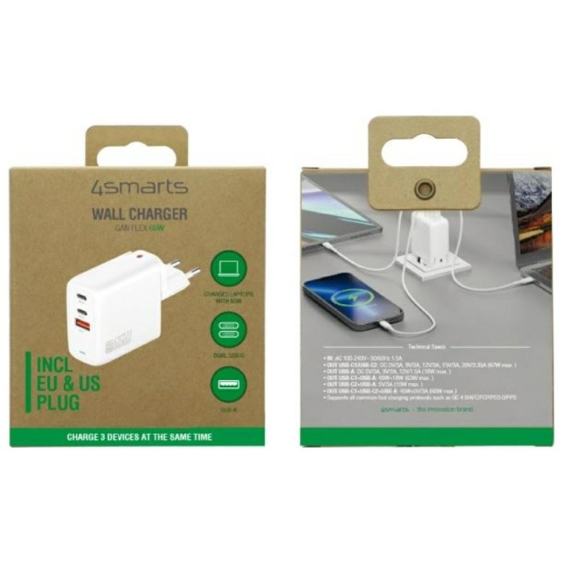 Ładowarka sieciowa Flex 65W 2xUSB-C + 1xUSB-A Biała | PartsPC.pl