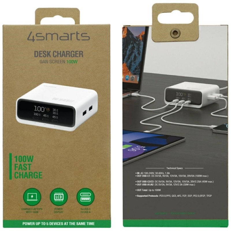 Stacja ładująca Deck 100W GaN 3xUSB-C + 2xUSB-A Biała | PartsPC.pl