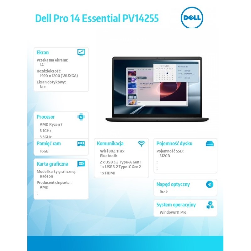 Laptop Dell Pro 14 Essential PV14255 W11P Ryzen 7 250|16GB|5… | PartsPC.pl