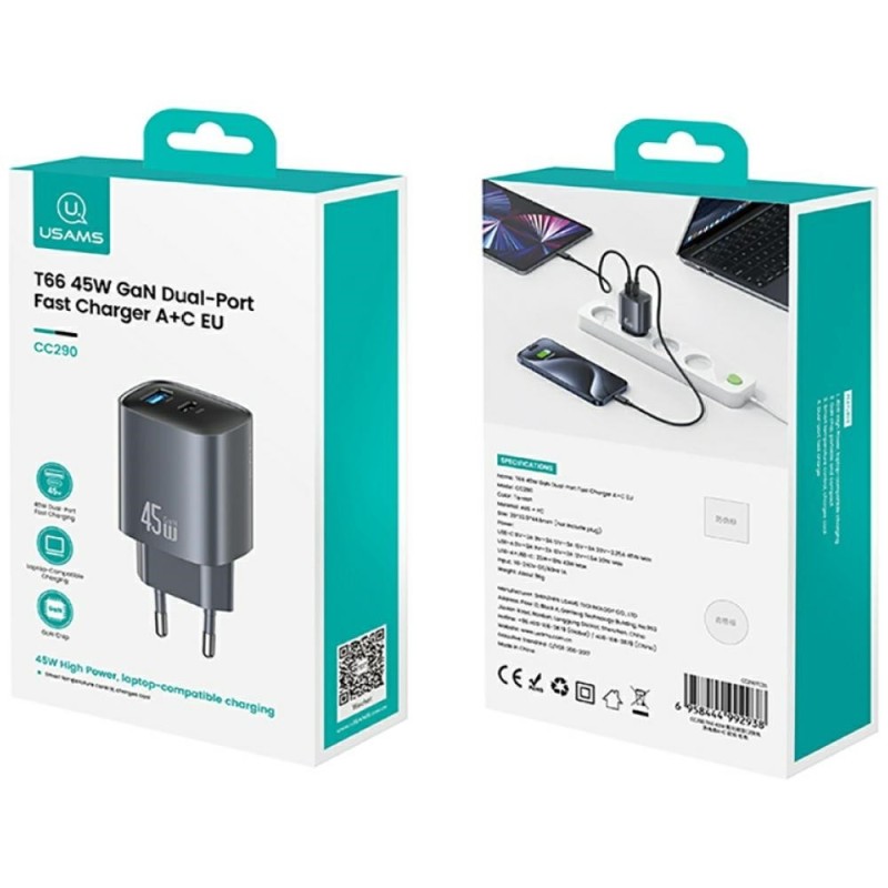 Ładowarka sieciowa T66 45W CC290 GaN Fast charge 1xUSB-A 1xU… | PartsPC.pl