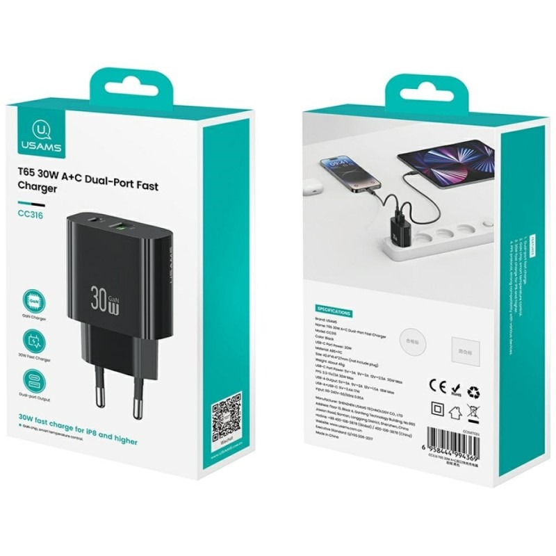 Ładowarka sieciowa 30W 1xUSB-C 1xUSB-A Fast czarging Czarna | PartsPC.pl