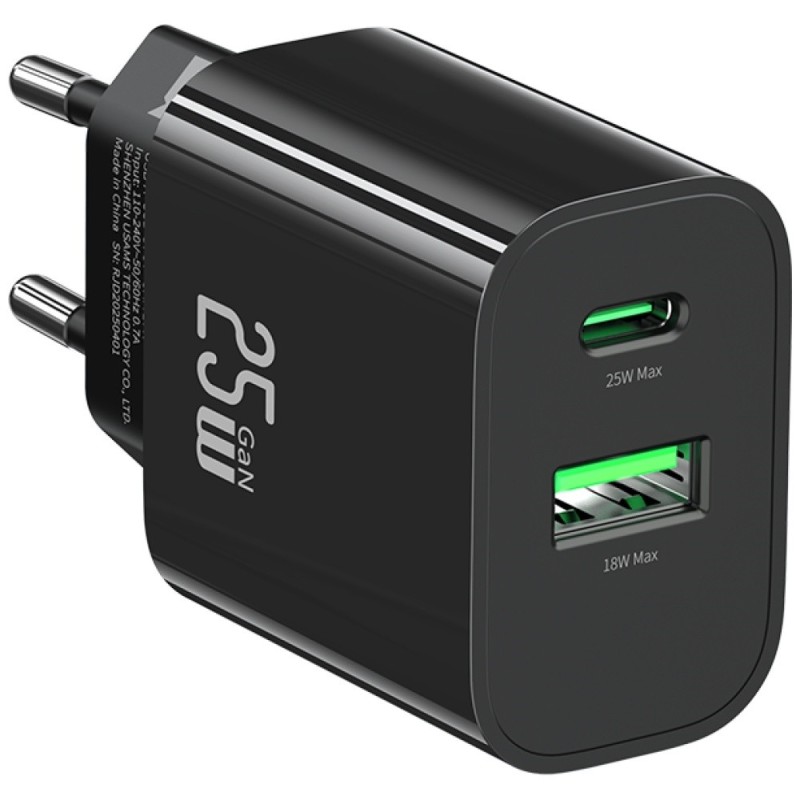 Ładowarka sieciowa 25W 1xUSB-C 1xUSB-A Fast Charging Czarna | PartsPC.pl