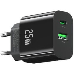 Ładowarka sieciowa 25W 1xUSB-C 1xUSB-A Fast Charging Czarna | PartsPC.pl