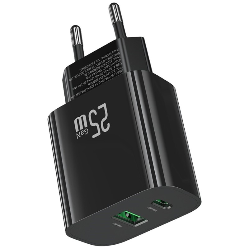 Ładowarka sieciowa 25W 1xUSB-C 1xUSB-A Fast Charging Czarna | PartsPC.pl