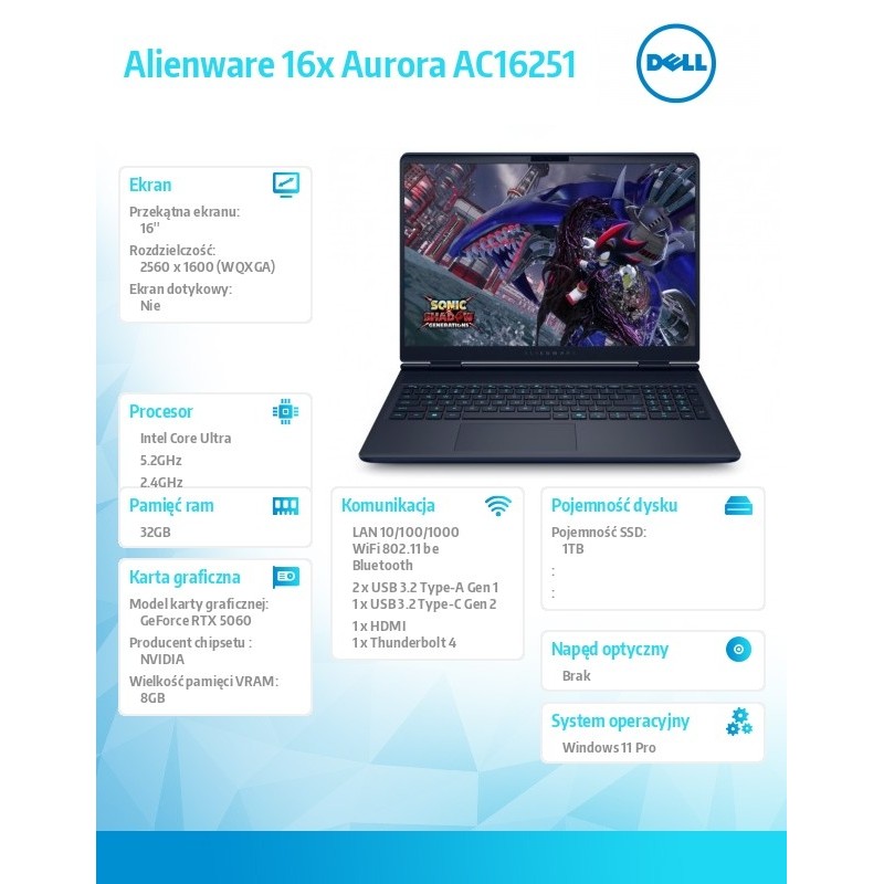 Laptop Alienware 16x Aurora AC16251 Win11Pro U7 255HX/32GB/1… | PartsPC.pl