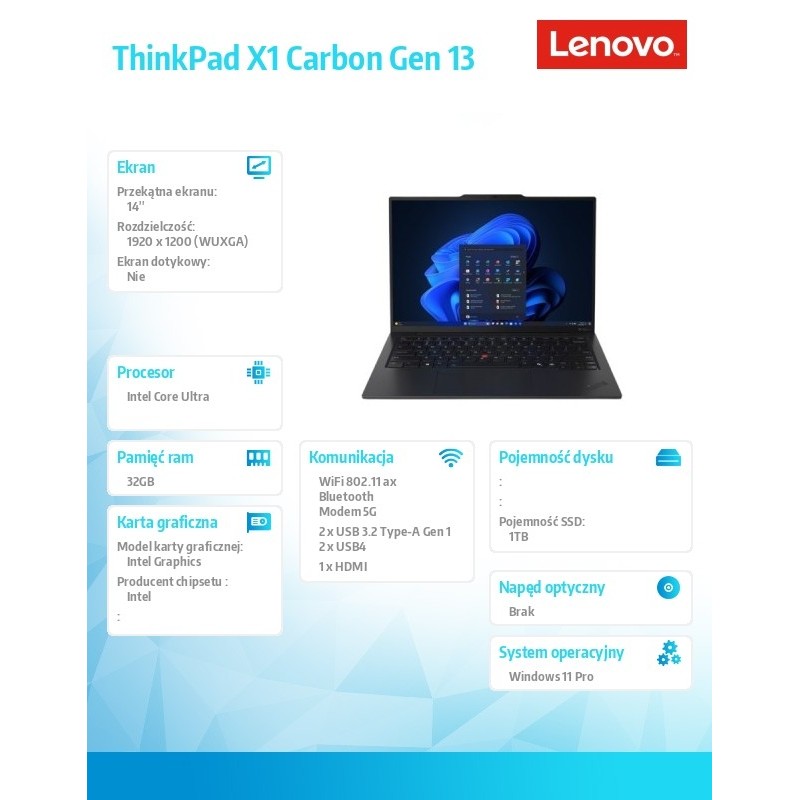 Ultrabook ThinkPad X1 Carbon G13 21NX009BPB W11Pro Ultra 7 2… | PartsPC.pl