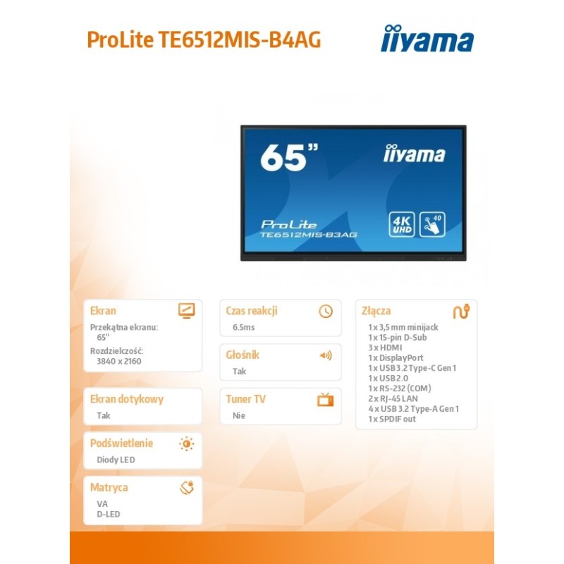Monitor 65 cali TE6512MIS-B4AG  40pkt,IPS,4K,24/7,7H, ANDROI… | PartsPC.pl