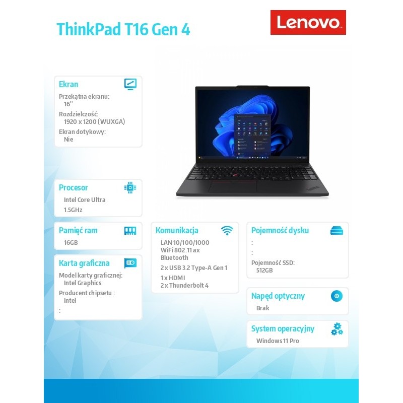Ultrabook ThinkPad T16 G4 21QE003VPB W11Pro Ultra 5 225U/16G… | PartsPC.pl