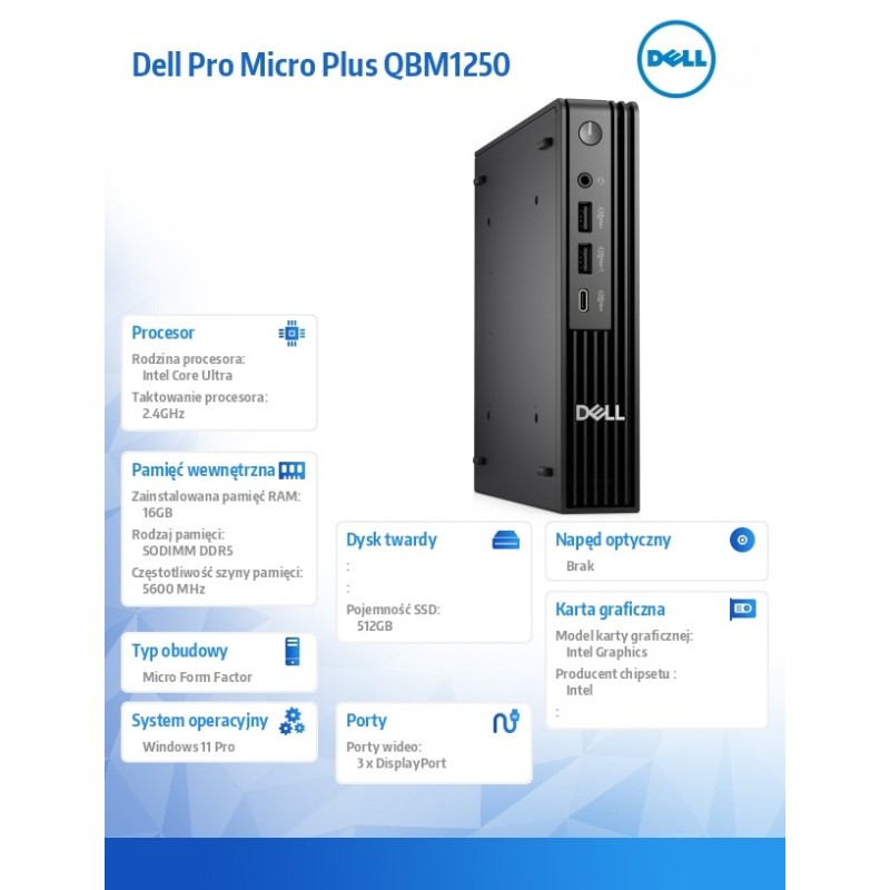 Komputer Dell Pro Micro Plus QBM1250 W11Pro U7 265/16GB/512G… | PartsPC.pl