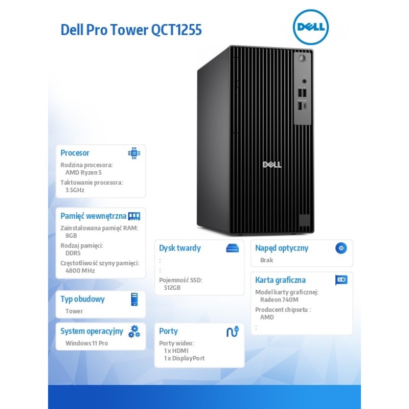 Komputer Dell Pro Tower QCT1255 W11Pro Ryzen 5 8500G/8GB/512… | PartsPC.pl